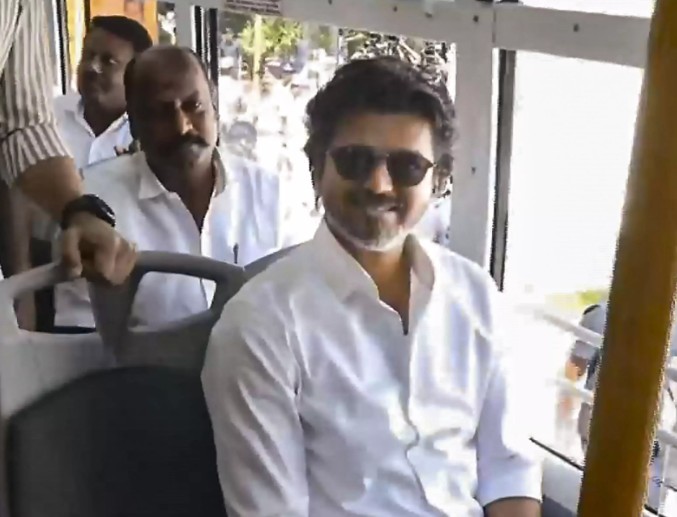 Cm vijay flags off 300 new buses takes small ride