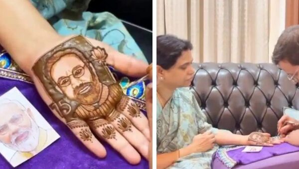 gali janardhan reddy wife puts mehendi of Narendra modi face in her hand