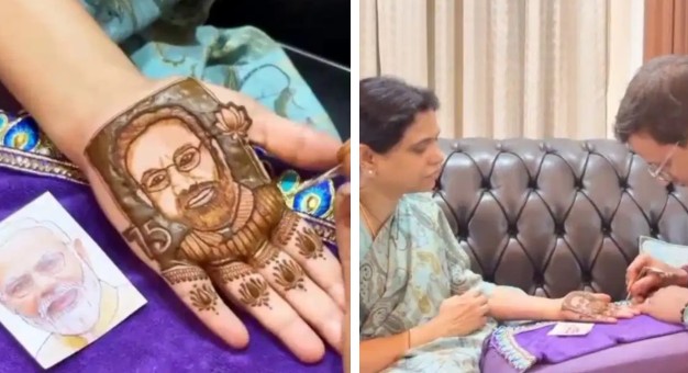 gali janardhan reddy wife puts mehendi of Narendra modi face in her hand