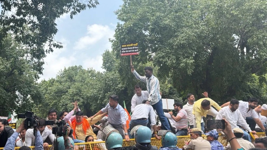 Punjab Paper Leak BJP Stages Massive Protest Outside AAP Delhi Office