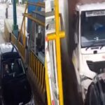 Davanagere road mishap Speeding Container Truck Rams Stopped Car at Toll Gate Miraculous Escape for Passengers