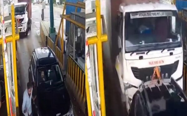 Davanagere road mishap Speeding Container Truck Rams Stopped Car at Toll Gate Miraculous Escape for Passengers