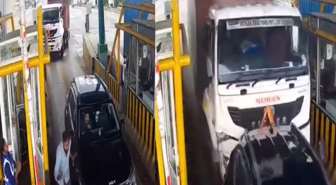 Davanagere road mishap Speeding Container Truck Rams Stopped Car at Toll Gate Miraculous Escape for Passengers