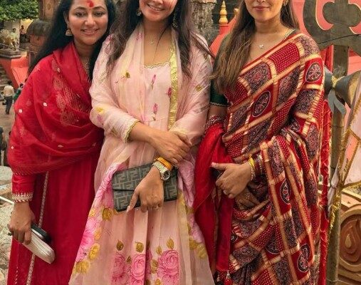 Prayers for husband Relief Vijayalakshmi Darshan Visits the Shakti Peeth Accompanied by Actresses Kavya Gowda and Bhavya Gowda