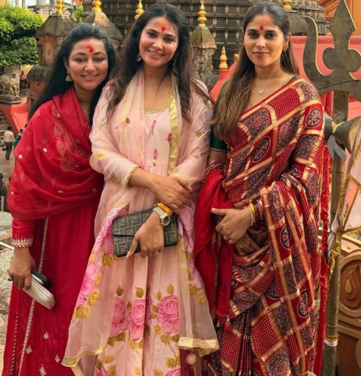 Prayers for husband Relief Vijayalakshmi Darshan Visits the Shakti Peeth Accompanied by Actresses Kavya Gowda and Bhavya Gowda