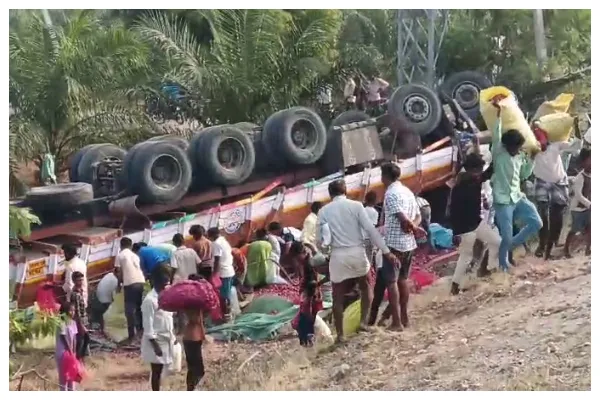 Road mishap Shocking Insensitivity in Raichur Onion Truck Flips Crowd Loots Cargo Ignoring Injured Driver and Cleaner